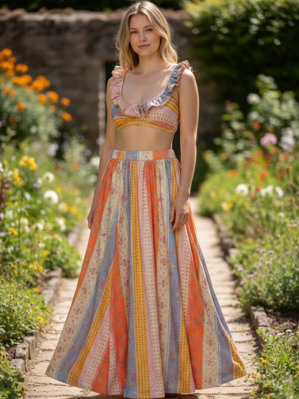 Free People As It Was Patchwork Ruffle Crop Top Midi Skirt Set XS
